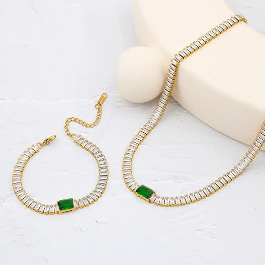 tennis chain & bracelet with green stone set
