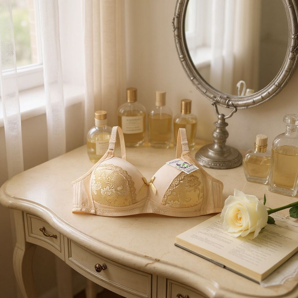 Lightly padded with side shaping panels wire-free lace bra