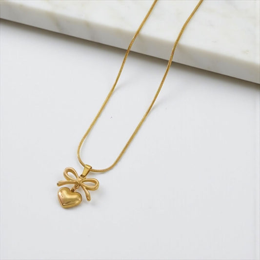 Anti Tarnish Bow-Heart Pendant Necklace Set