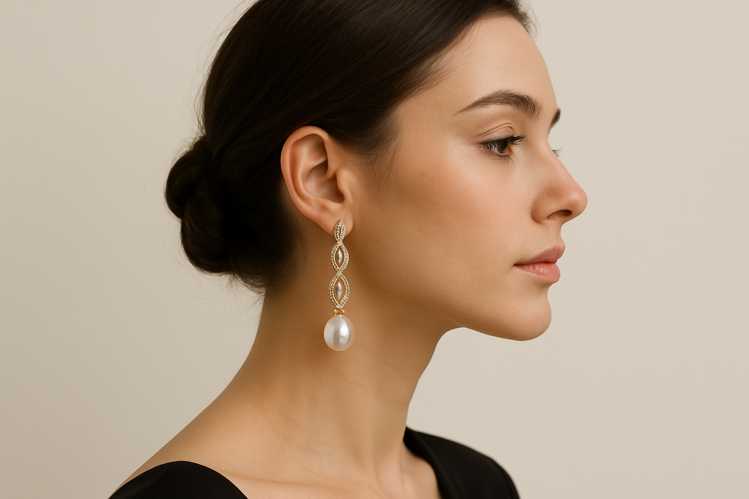 create a women side face showing earings with off-white background