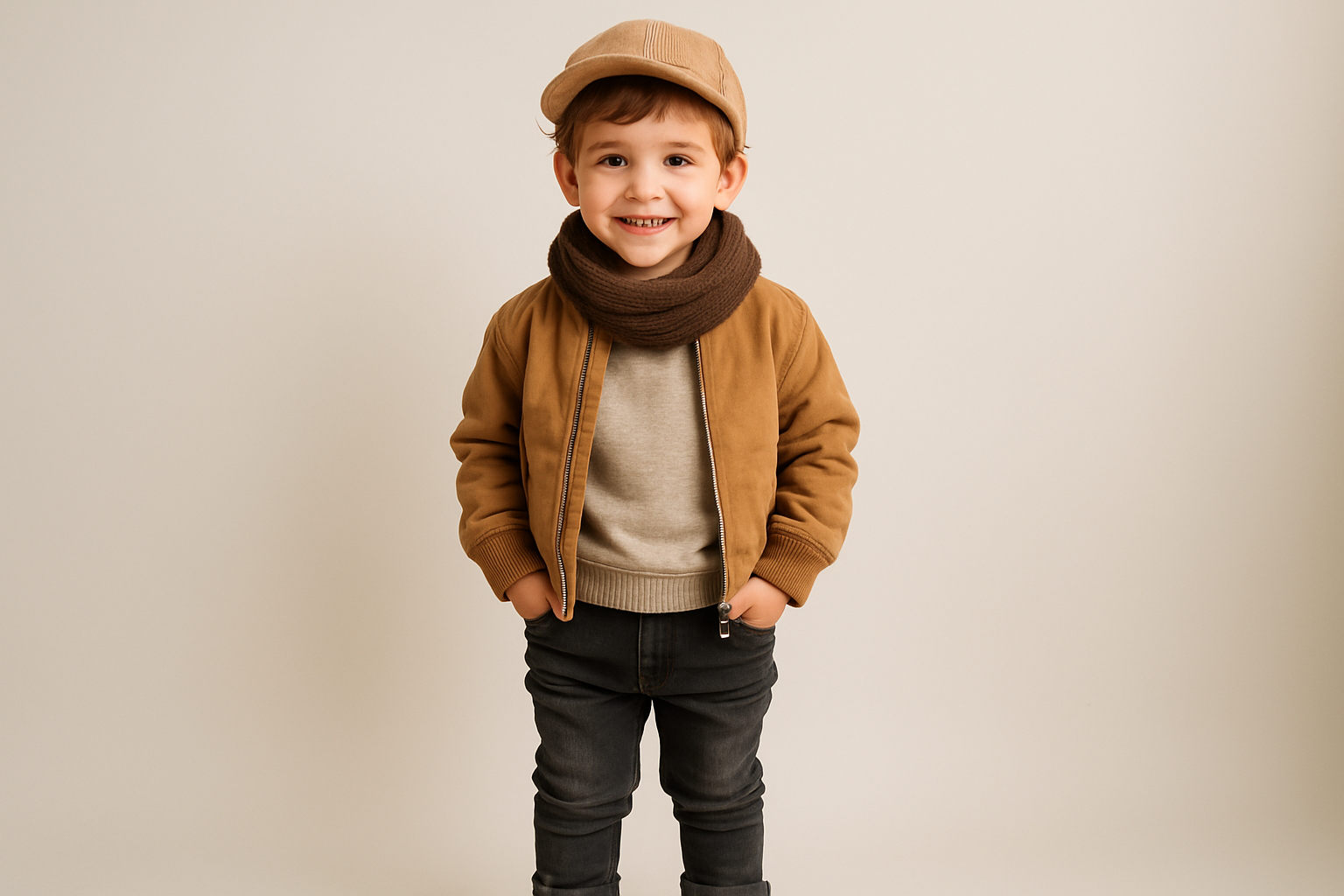 Create realistic cute little fashion boy kid with off-white background