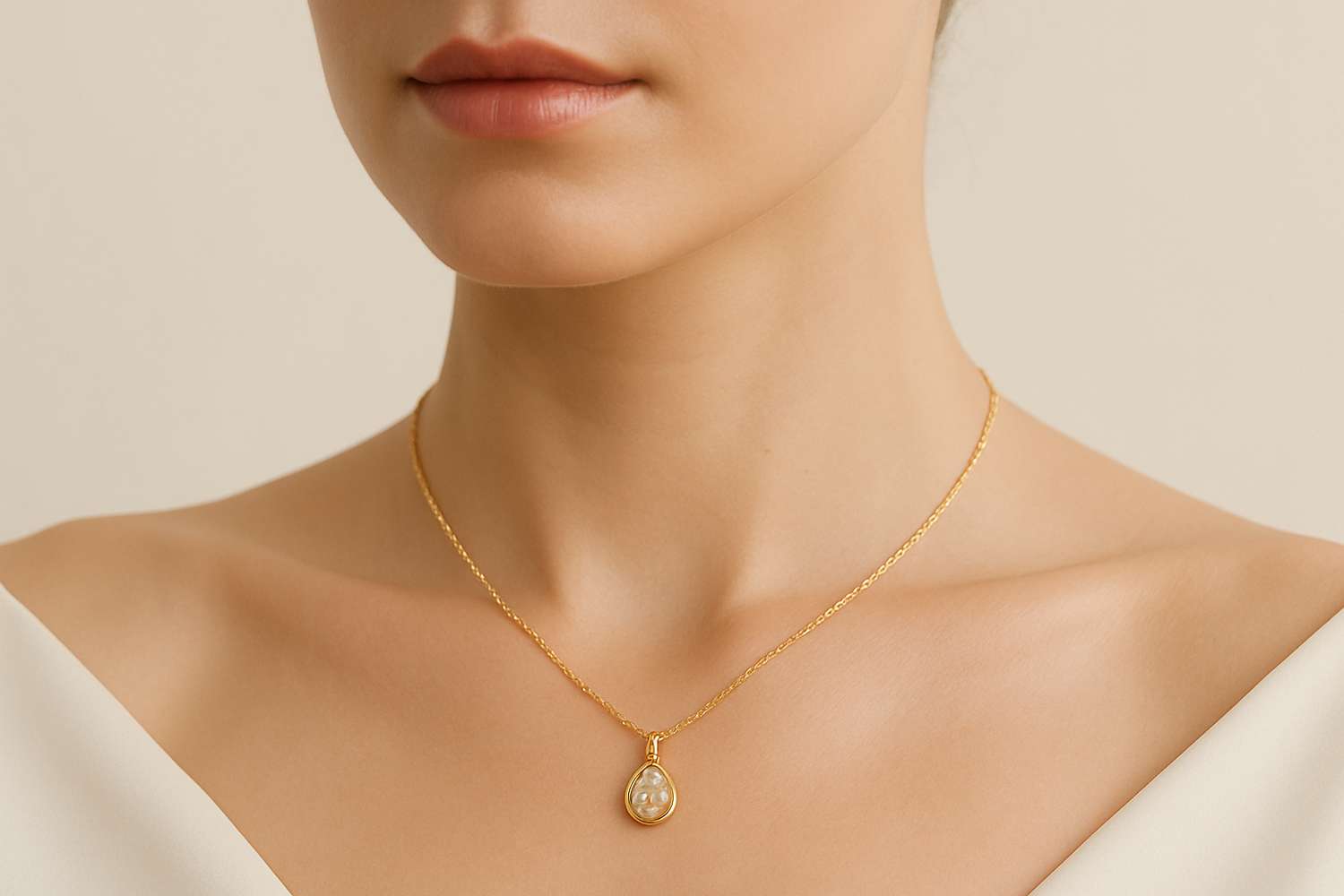create women neck wearing a jewelry with off-white background, image aspect ratio 3:3